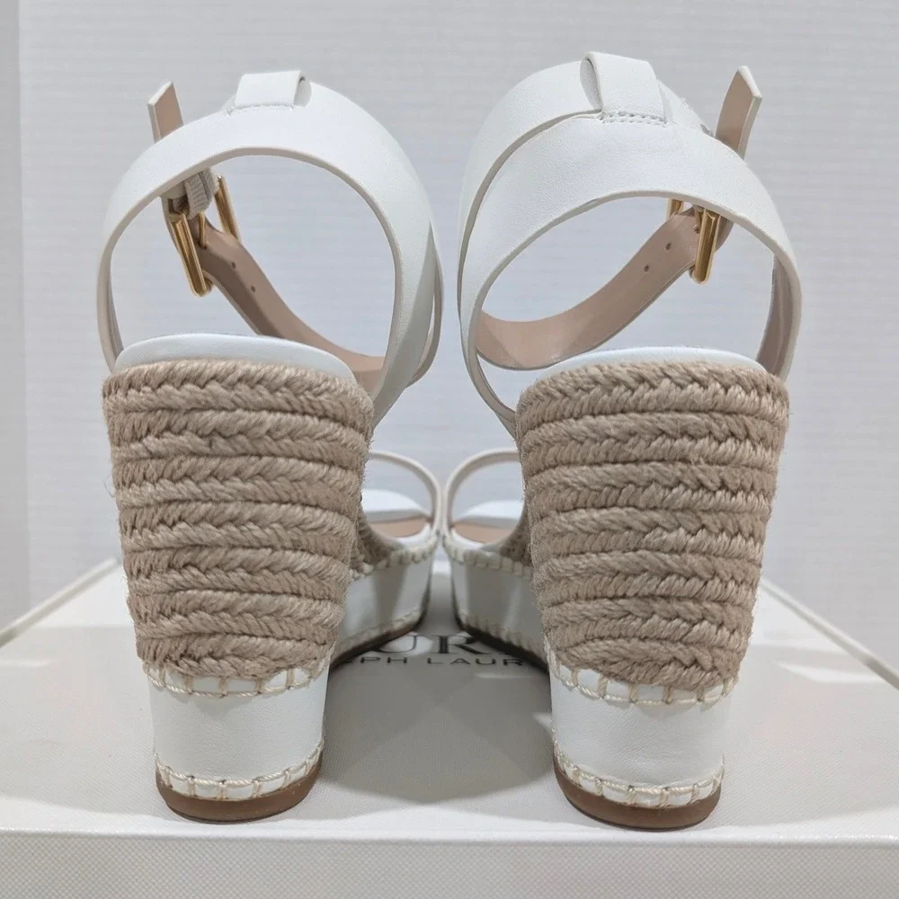 Lauren Ralph Lauren Hilarie White Leather Espadrille Wedge Sandals 9B MSRP $155